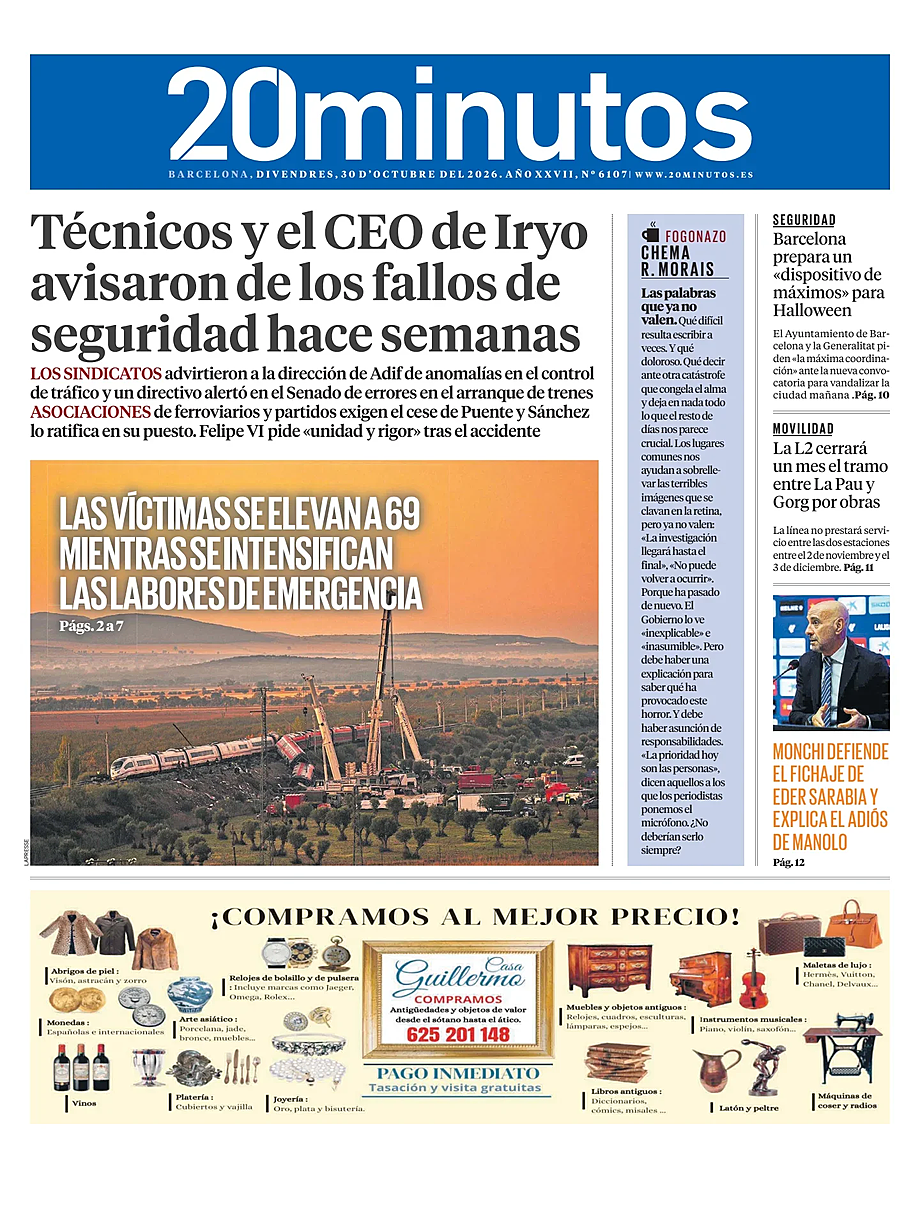 Portada 20 Minutos Barcelona de hoy - Quiosco 30 octubre 2026