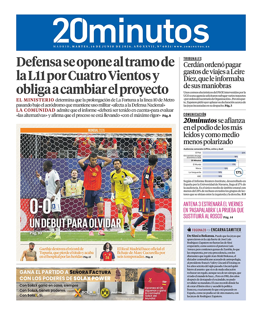 Portada 20 Minutos Madrid de hoy - Quiosco 16 junio 2026