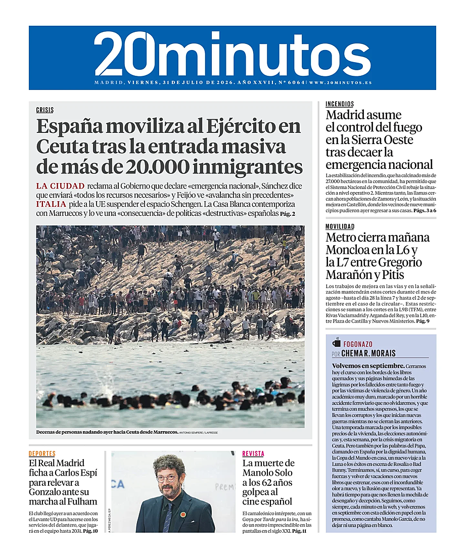 Portada 20 Minutos Madrid de hoy - Quiosco 31 julio 2026