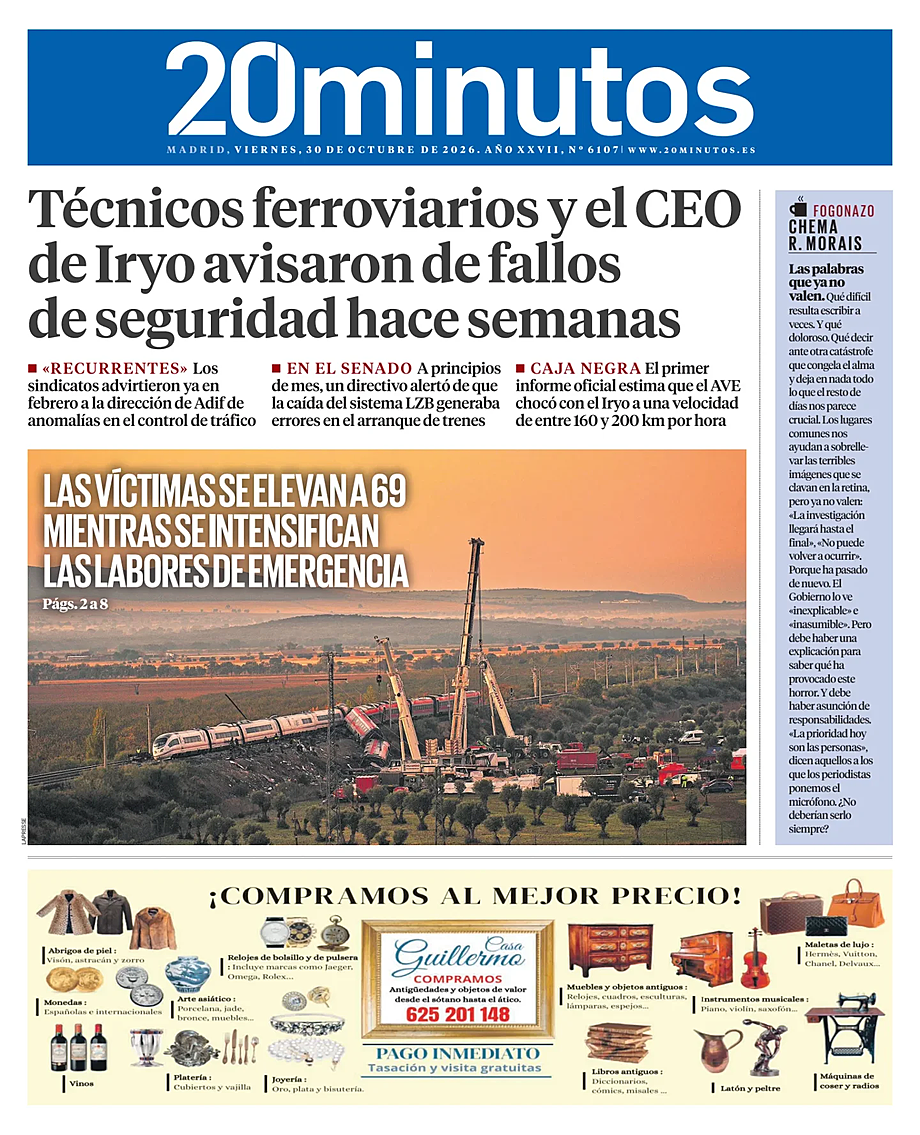 Portada 20 Minutos Madrid de hoy - Quiosco 30 octubre 2026