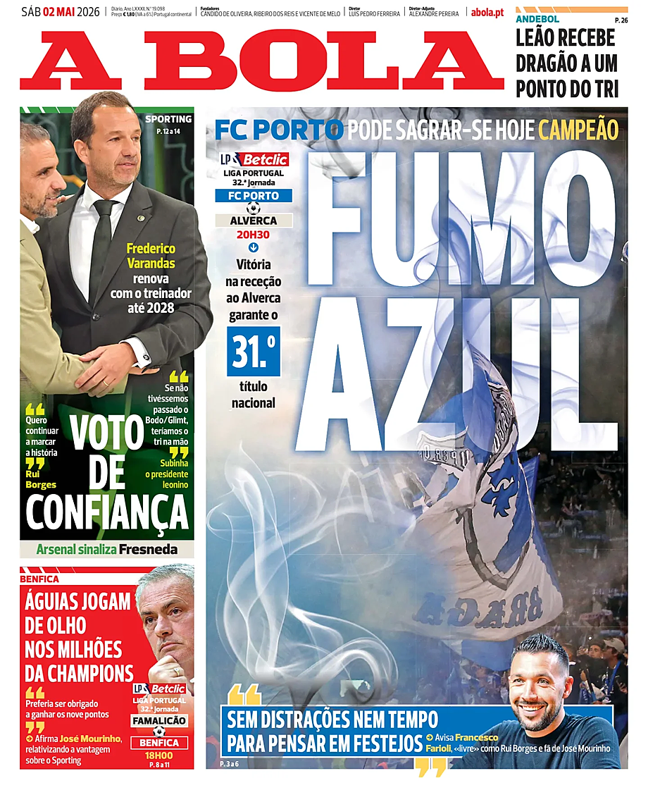 Capa de A Bola de hoje - Imprensa 2 Maio 2026