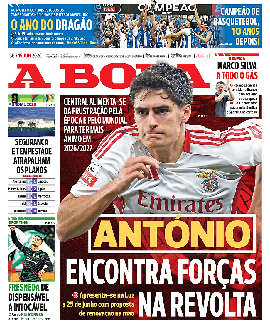 Capa de A Bola de hoje - Imprensa 15 Junho 2026