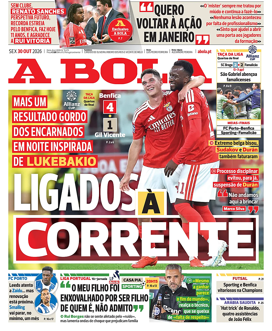Capa de A Bola de hoje - Imprensa 30 Outubro 2026