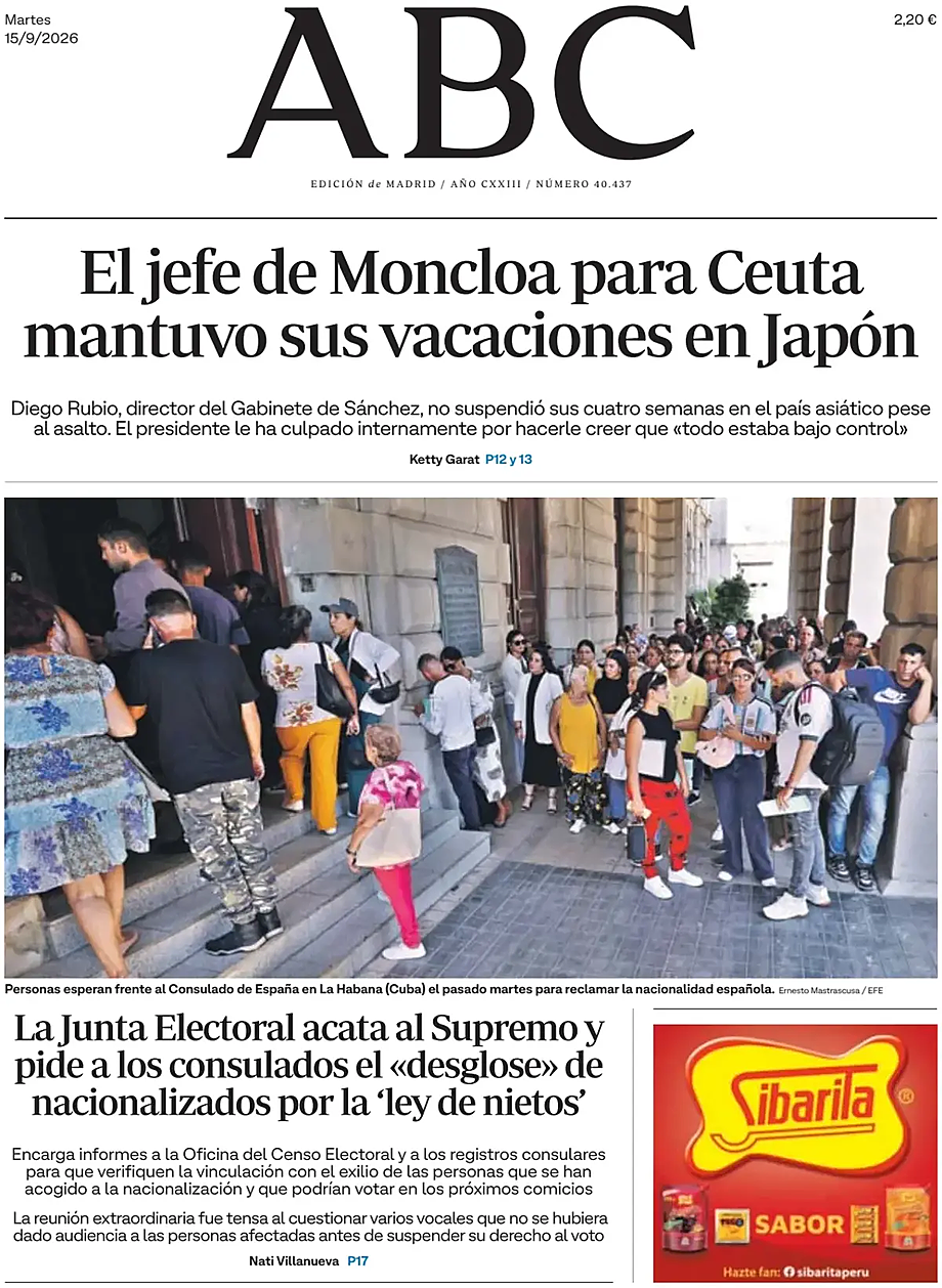 Portada ABC de hoy - Quiosco 15 septiembre 2026