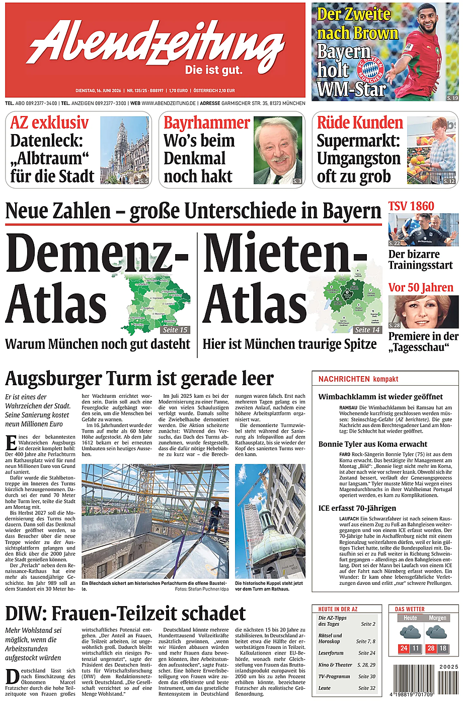 Titelseite von Abendzeitung München heute - Presse 16 Juni 2026