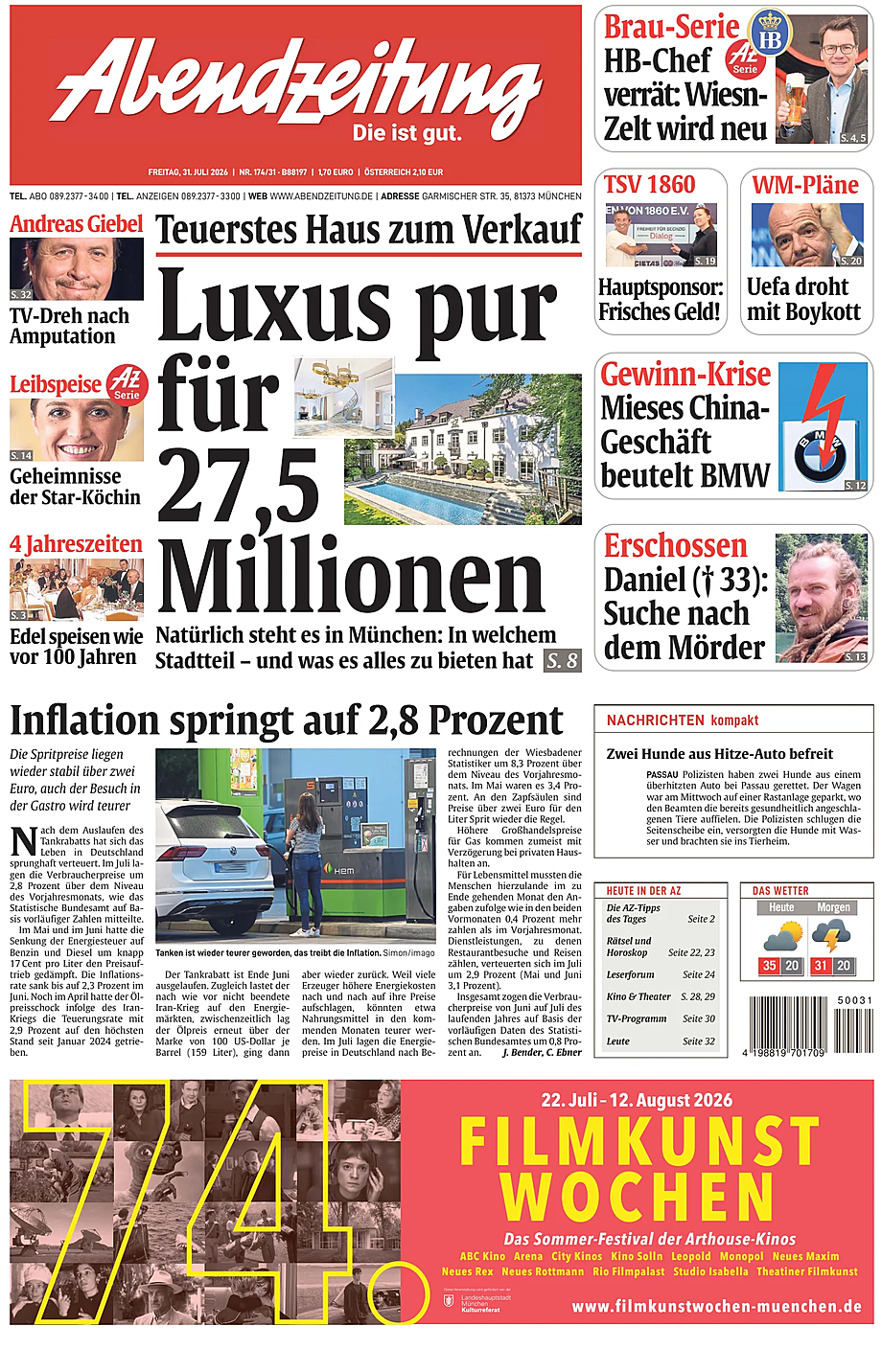 Titelseite von Abendzeitung München heute - Presse 31 Juli 2026