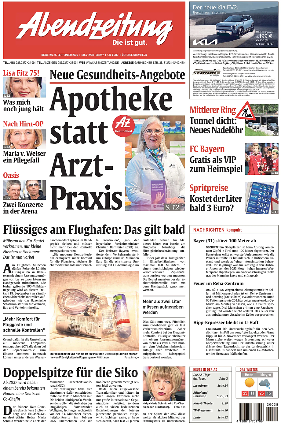 Titelseite von Abendzeitung München heute - Presse 15 September 2026