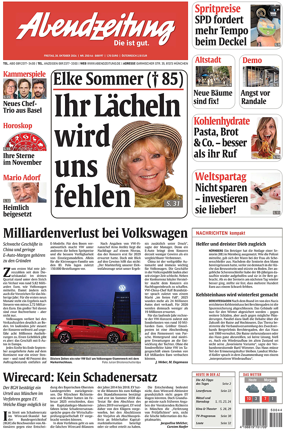 Titelseite von Abendzeitung München heute - Presse 30 Oktober 2026