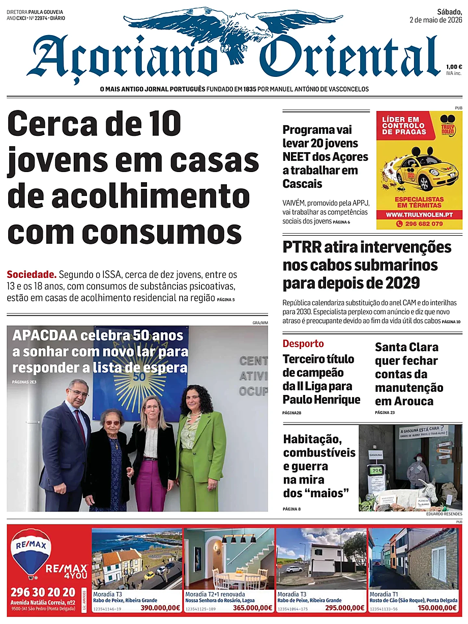 Capa de Açoriano Oriental de hoje - Imprensa 2 Maio 2026