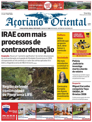 Capa de Açoriano Oriental de hoje - Jornal regionais