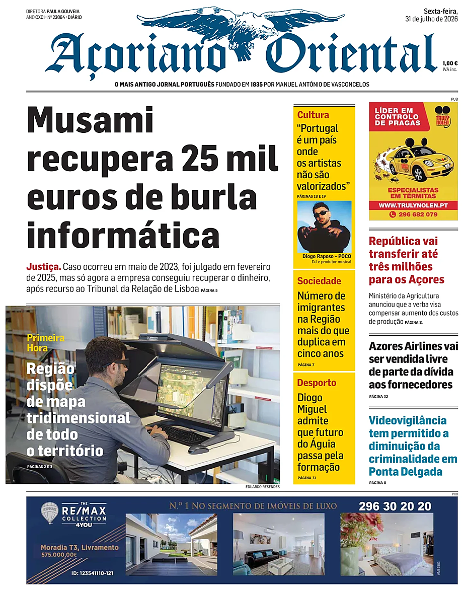 Capa de Açoriano Oriental de hoje - Imprensa 31 Julho 2026