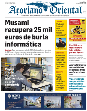 Capa de Açoriano Oriental de hoje - Jornal regionais