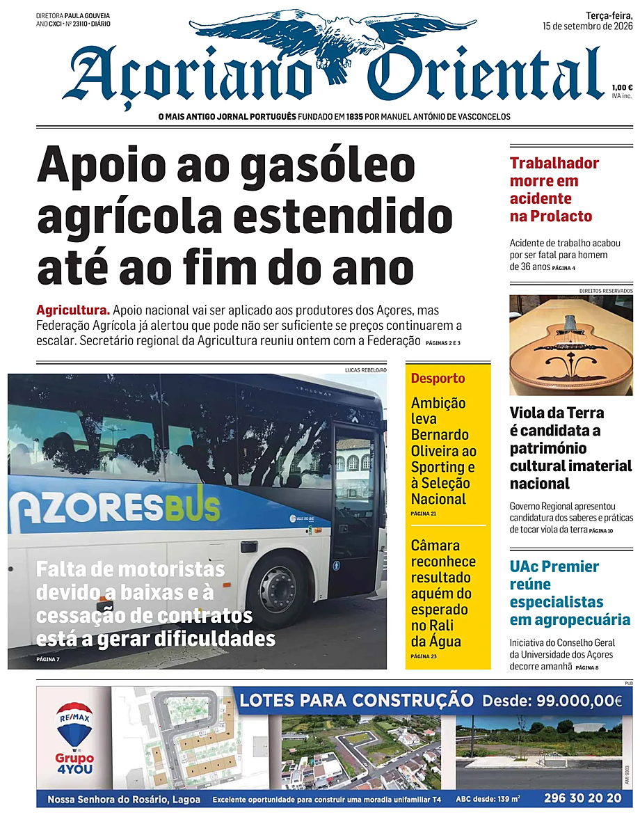 Capa de Açoriano Oriental de hoje - Imprensa 15 Setembro 2026