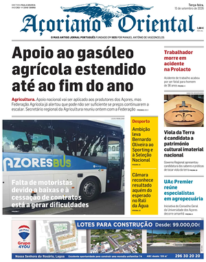 Capa de Açoriano Oriental de hoje - Jornal regionais