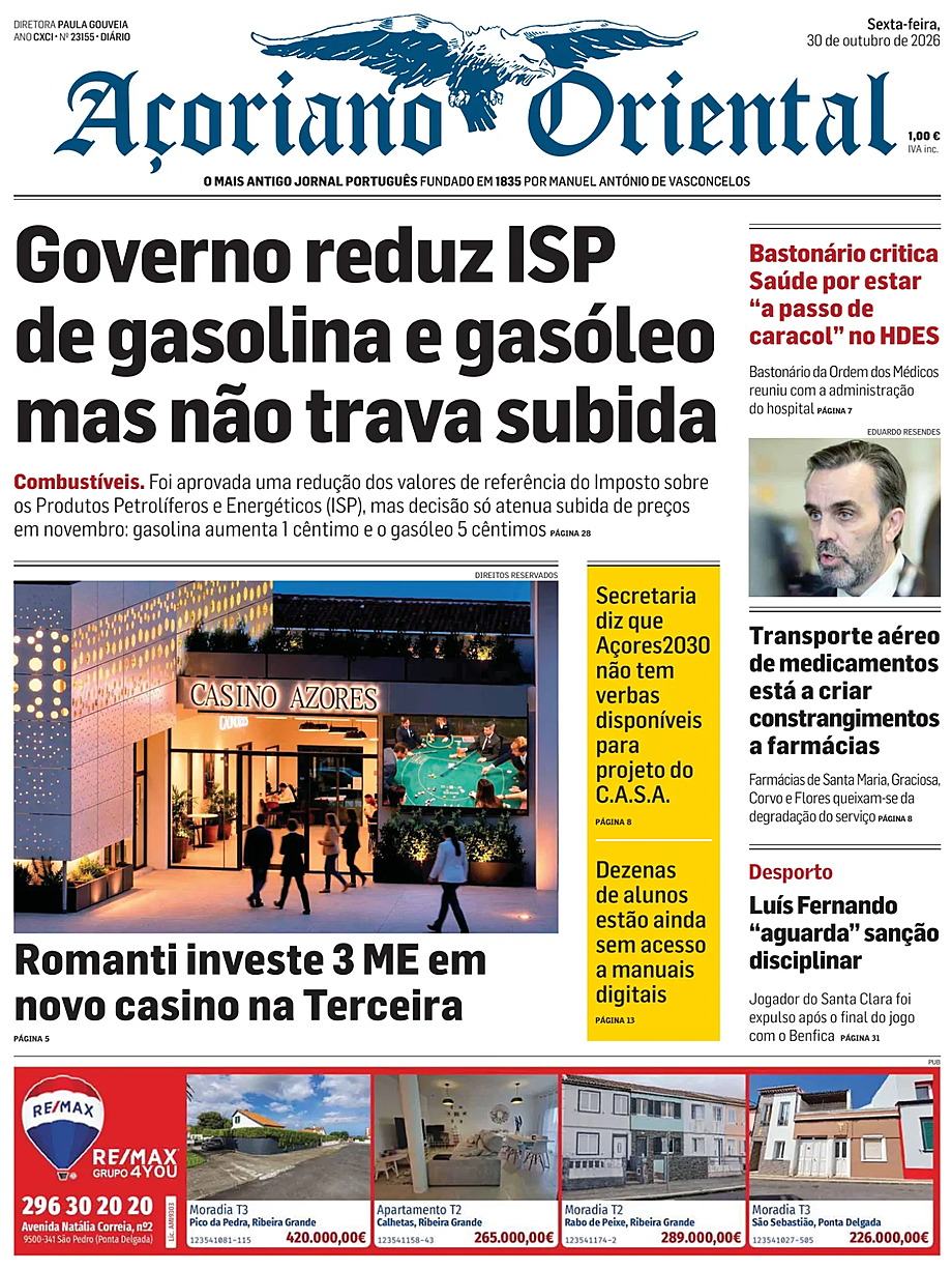 Capa de Açoriano Oriental de hoje - Imprensa 30 Outubro 2026