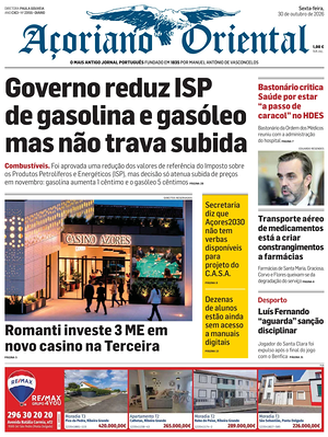 Capa de Açoriano Oriental de hoje - Jornal regionais