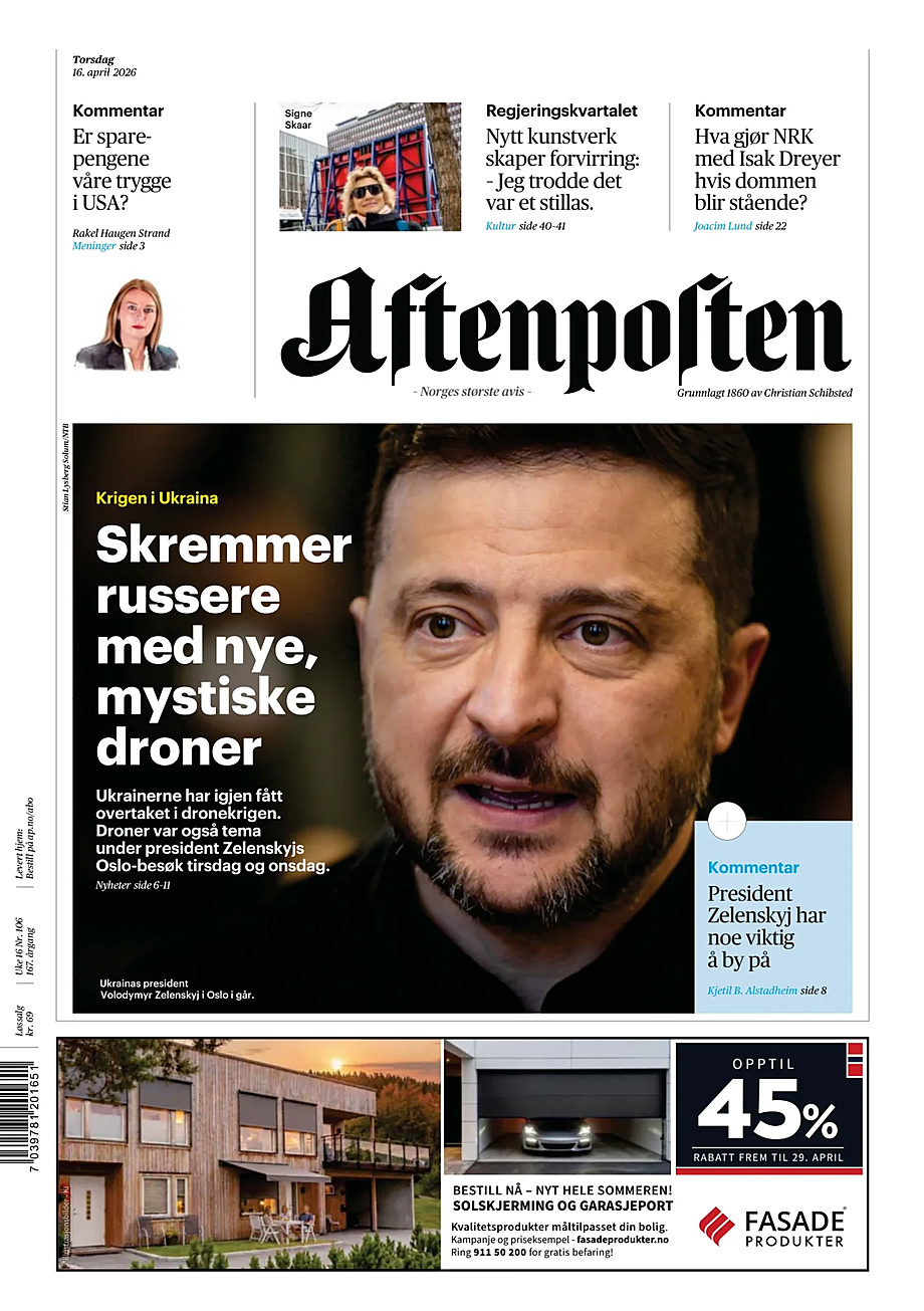 Prima pagina Aftenposten di oggi - Edicola 16 Aprile 2026