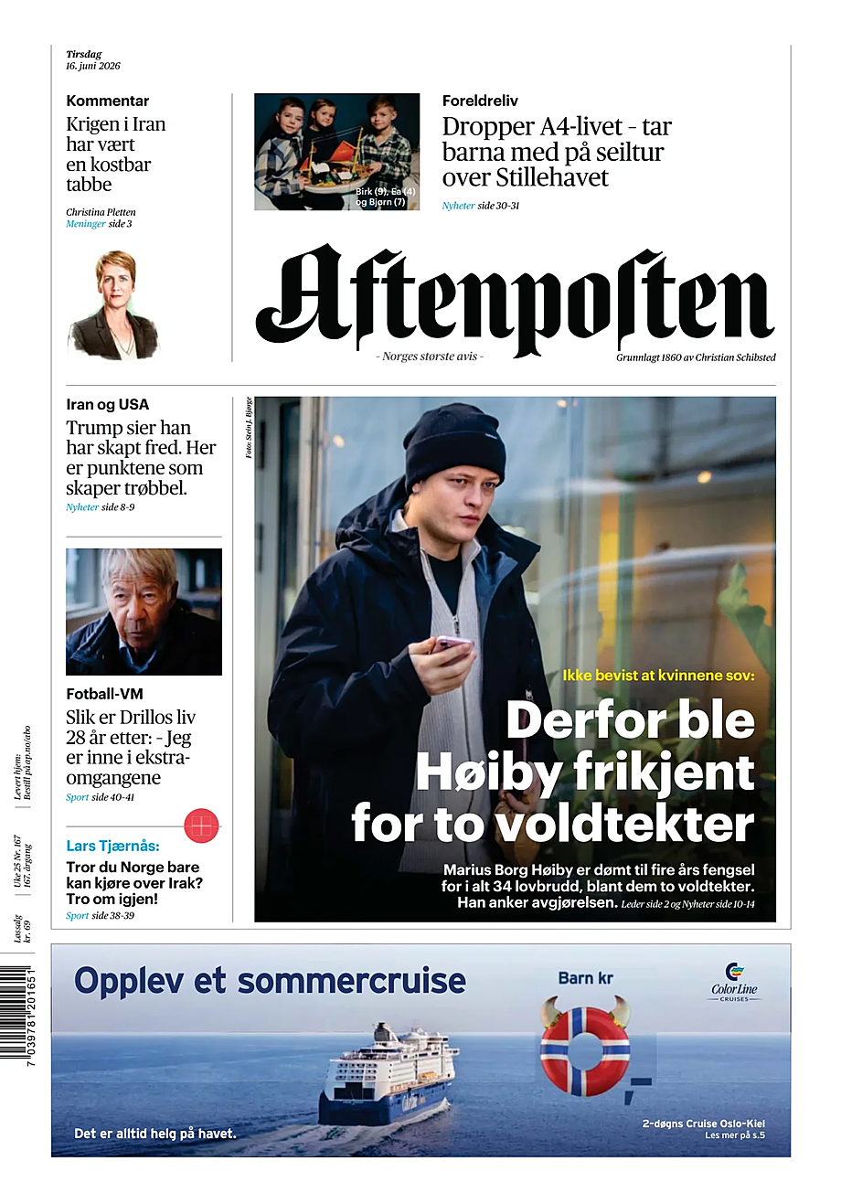 Portada Aftenposten de hoy - Quiosco 16 junio 2026