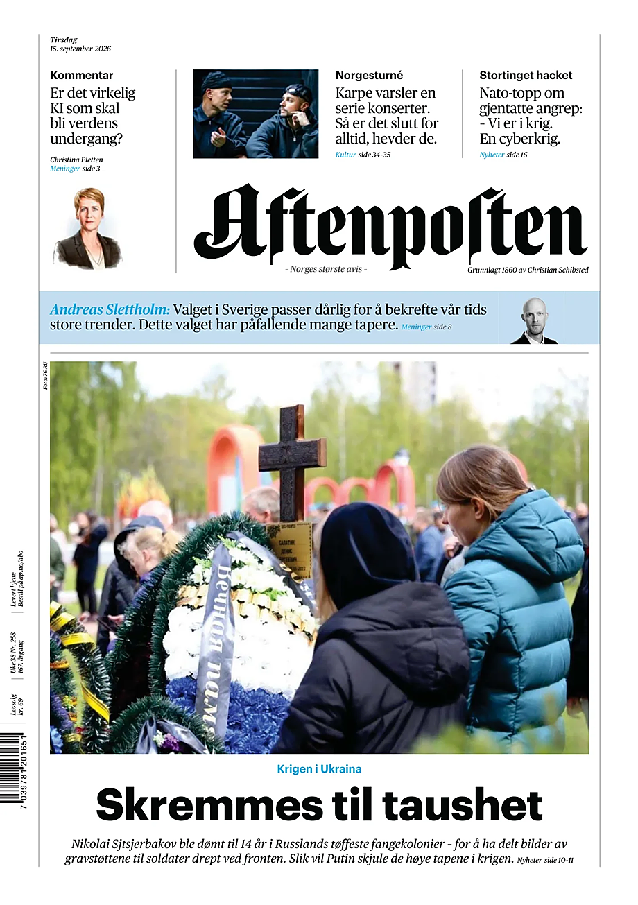 Portada Aftenposten de hoy - Quiosco 15 septiembre 2026