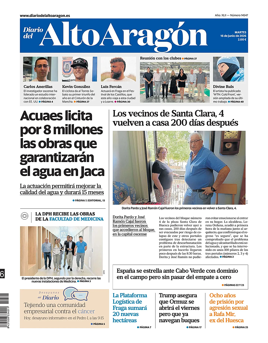 Portada Diario del Alto Aragón de hoy - Quiosco 16 junio 2026