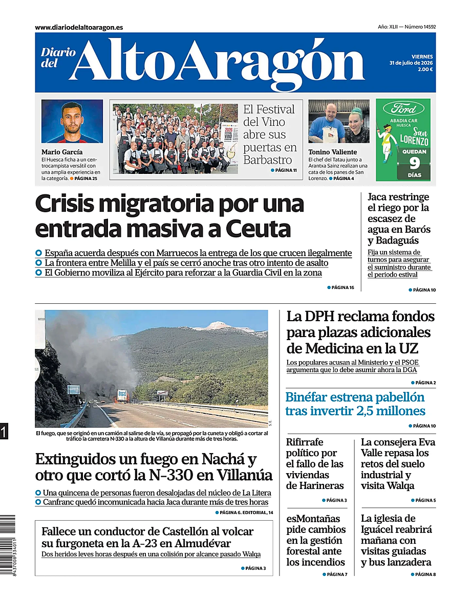 Portada Diario del Alto Aragón de hoy - Quiosco 31 julio 2026