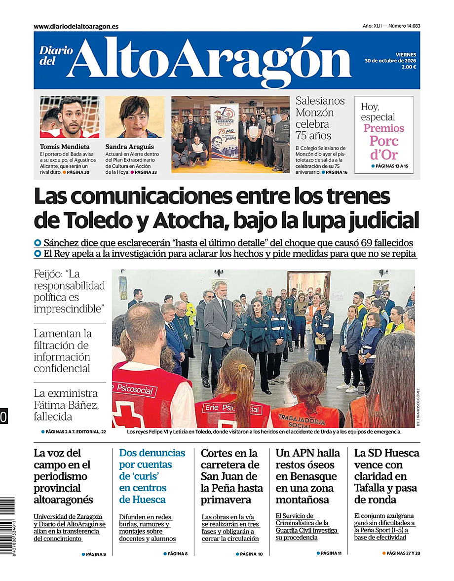 Portada Diario del Alto Aragón de hoy - Quiosco 30 octubre 2026