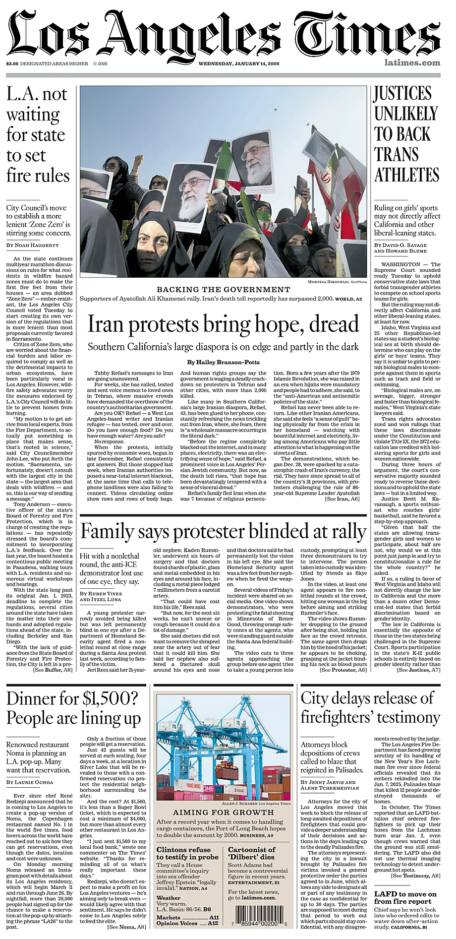 Prima pagina Los Angeles Times di oggi - Edicola 14 Gennaio 2026