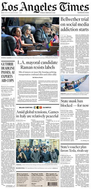 Prima pagina Los Angeles Times di oggi - Quotidiano estero