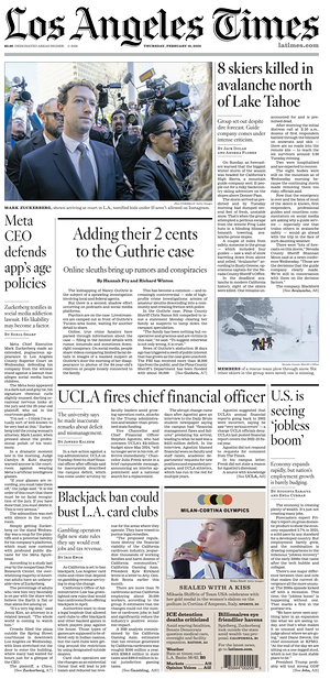 Prima pagina Los Angeles Times di oggi - Quotidiano estero