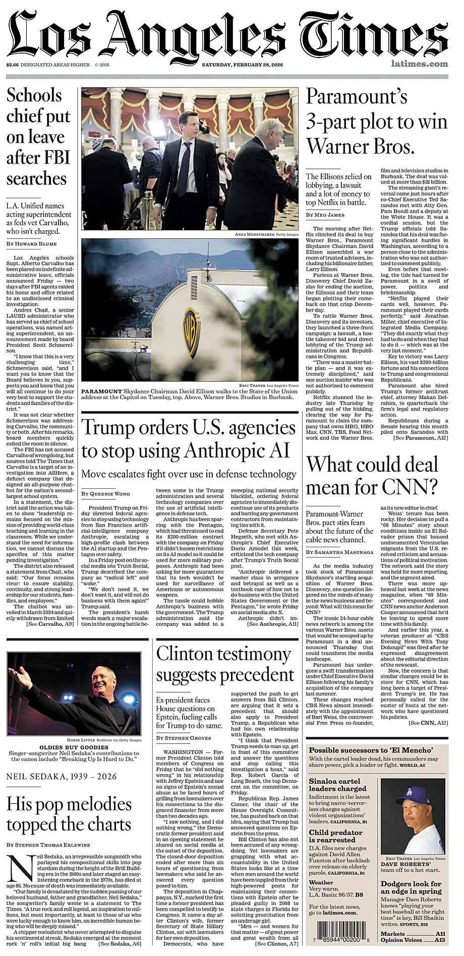 Prima pagina Los Angeles Times di oggi - Edicola 28 Febbraio 2026