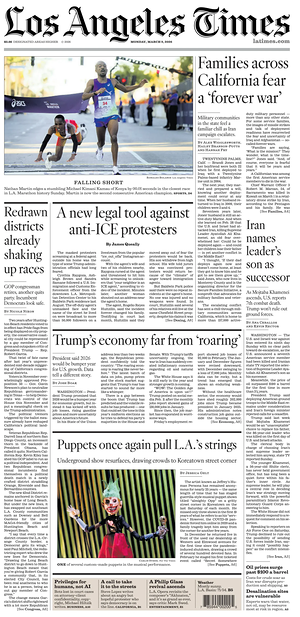 Prima pagina Los Angeles Times di oggi - Quotidiano estero