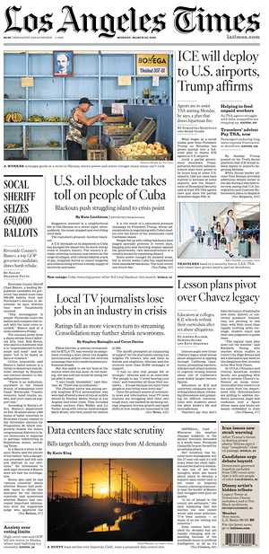 Prima pagina Los Angeles Times di oggi - Quotidiano estero