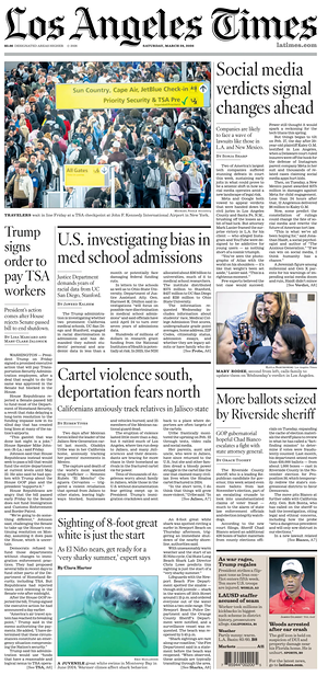 Prima pagina Los Angeles Times di oggi - Quotidiano estero