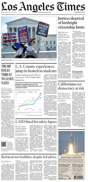 Prima pagina Los Angeles Times di oggi - Quotidiano estero