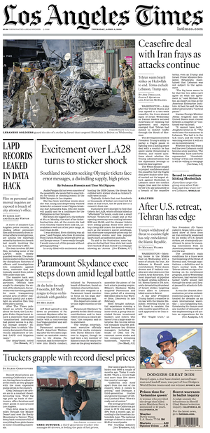 Prima pagina Los Angeles Times di oggi - Quotidiano estero