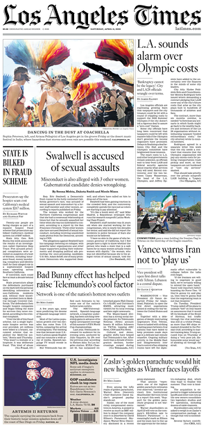 Prima pagina Los Angeles Times di oggi - Quotidiano estero