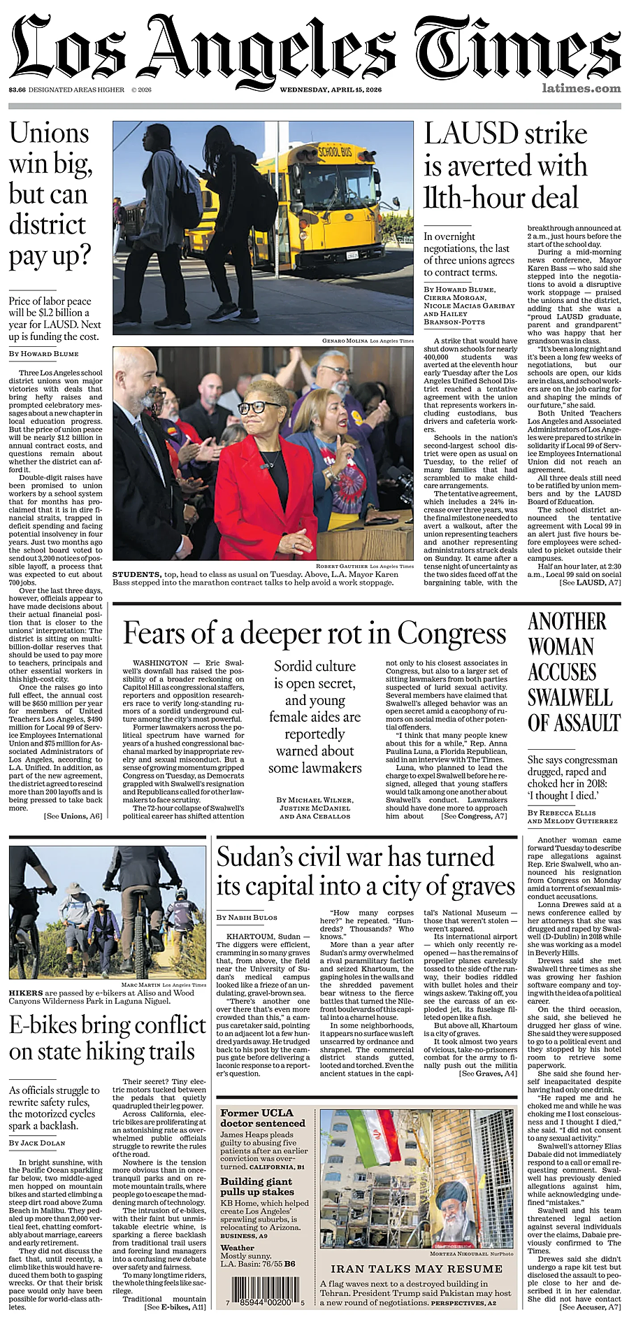 Prima pagina Los Angeles Times di oggi - Edicola 15 Aprile 2026