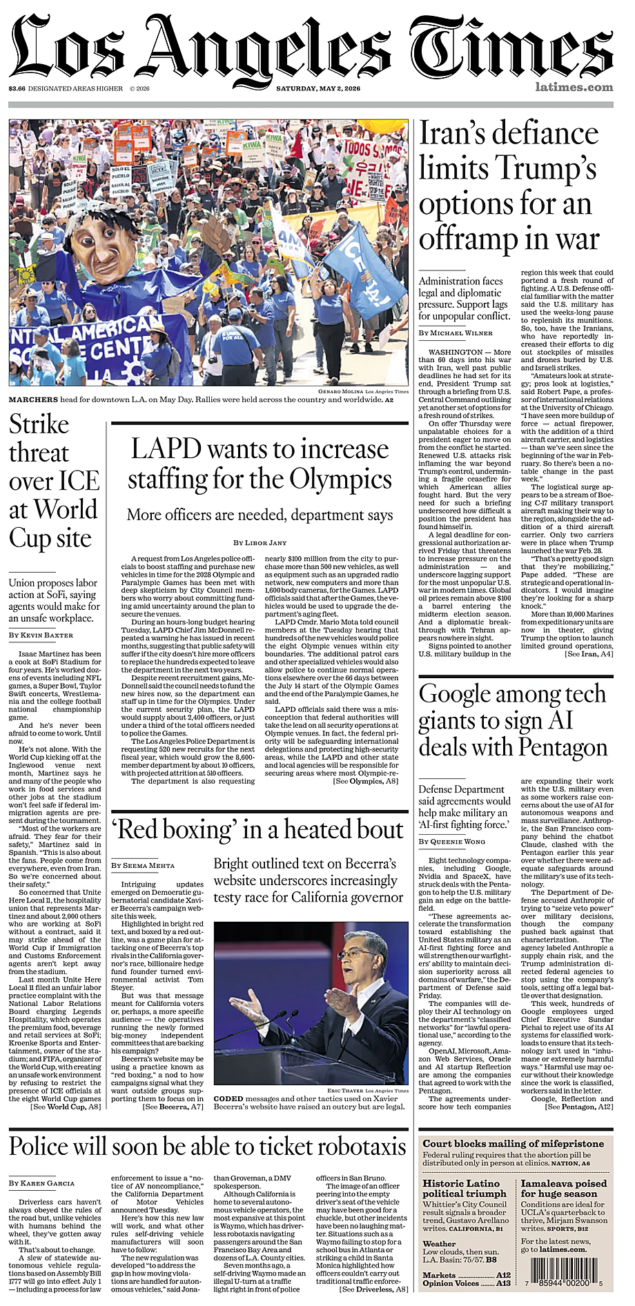 Portada Los Angeles Times de hoy - Quiosco 2 mayo 2026