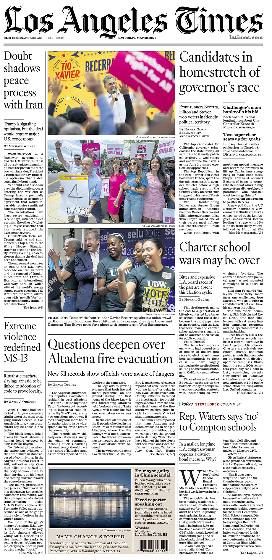 Prima pagina Los Angeles Times di oggi - Edicola 30 Maggio 2026