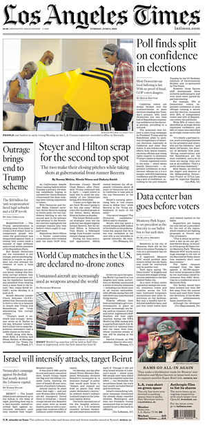 Prima pagina Los Angeles Times di oggi - Quotidiano estero
