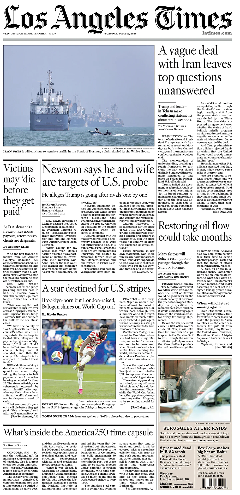 Portada Los Angeles Times de hoy - Quiosco 16 junio 2026