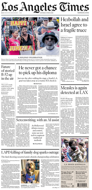 Prima pagina Los Angeles Times di oggi - Quotidiano estero
