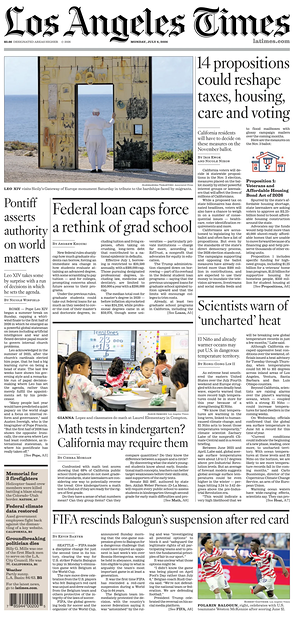 Prima pagina Los Angeles Times di oggi - Quotidiano estero