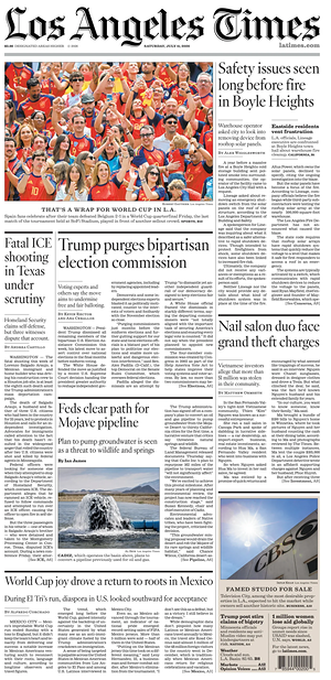 Prima pagina Los Angeles Times di oggi - Quotidiano estero