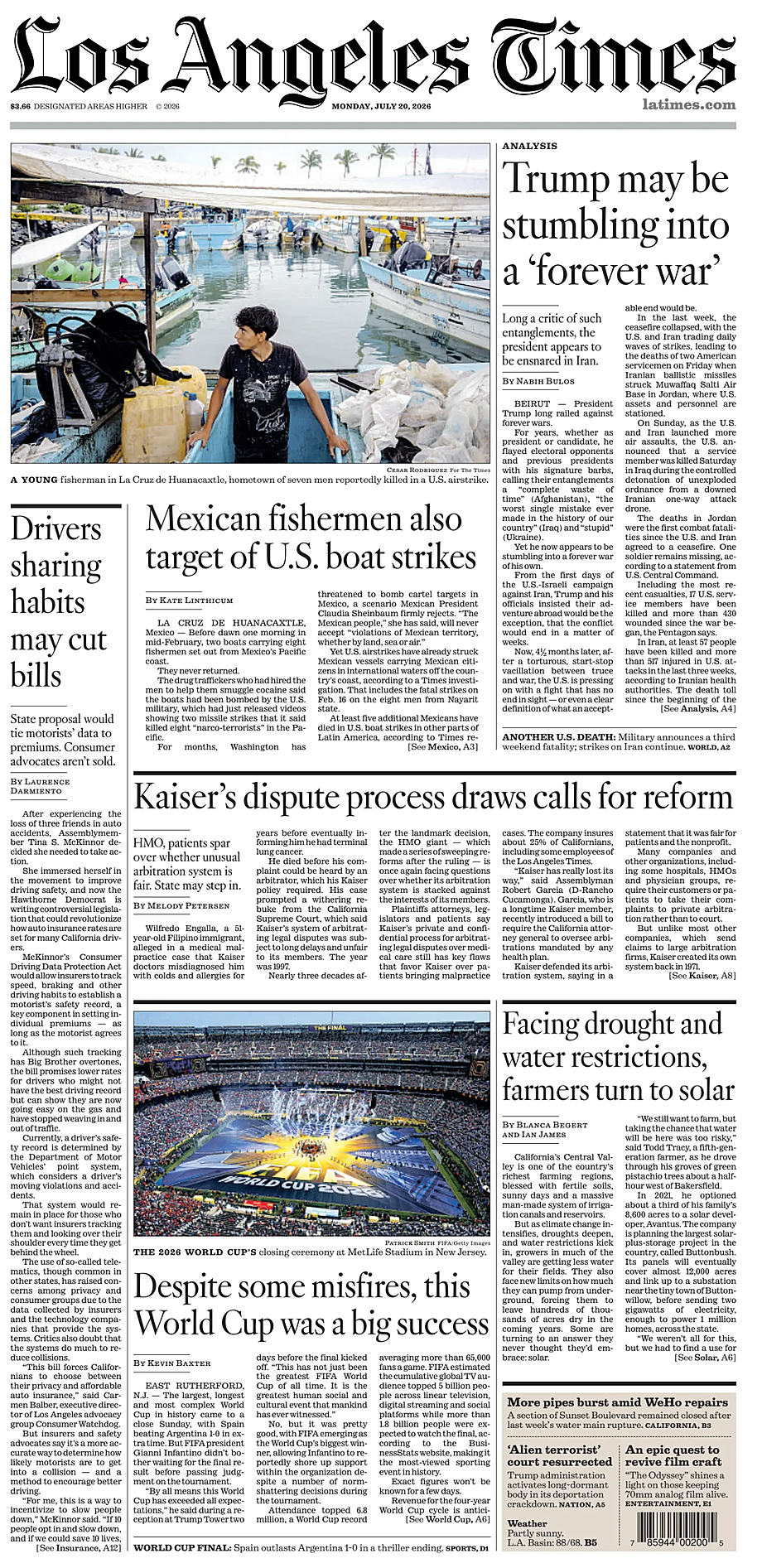 Prima pagina Los Angeles Times di oggi - Edicola 20 Luglio 2026