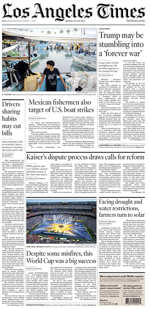 Prima pagina Los Angeles Times di oggi - Quotidiano estero