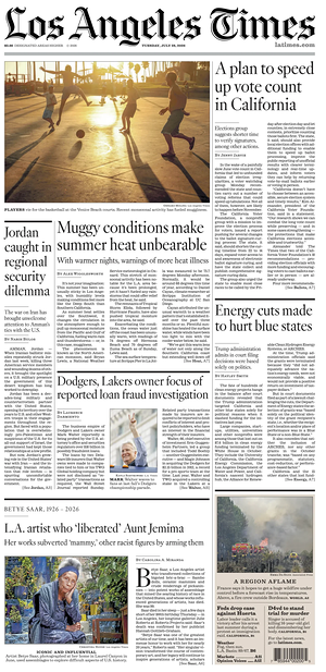 Prima pagina Los Angeles Times di oggi - Quotidiano estero