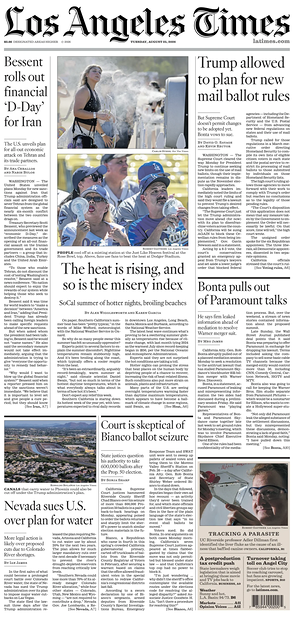 Prima pagina Los Angeles Times di oggi - Quotidiano estero