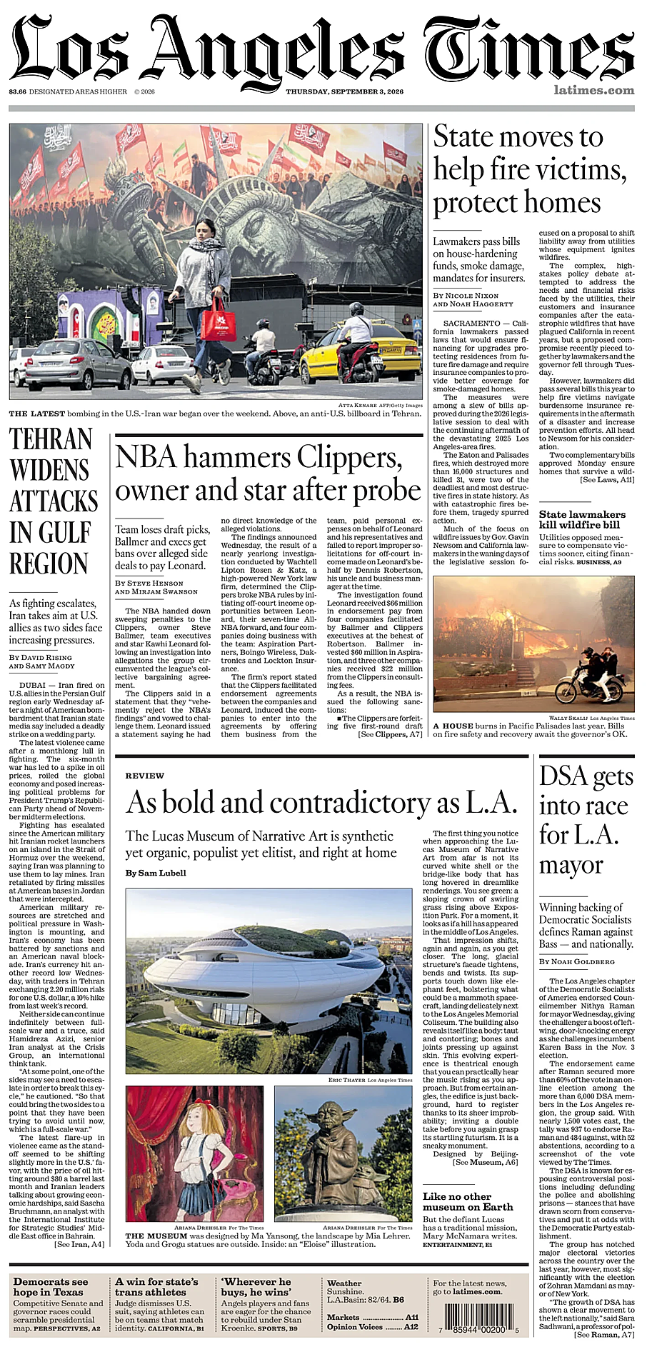 Prima pagina Los Angeles Times di oggi - Edicola 3 Settembre 2026