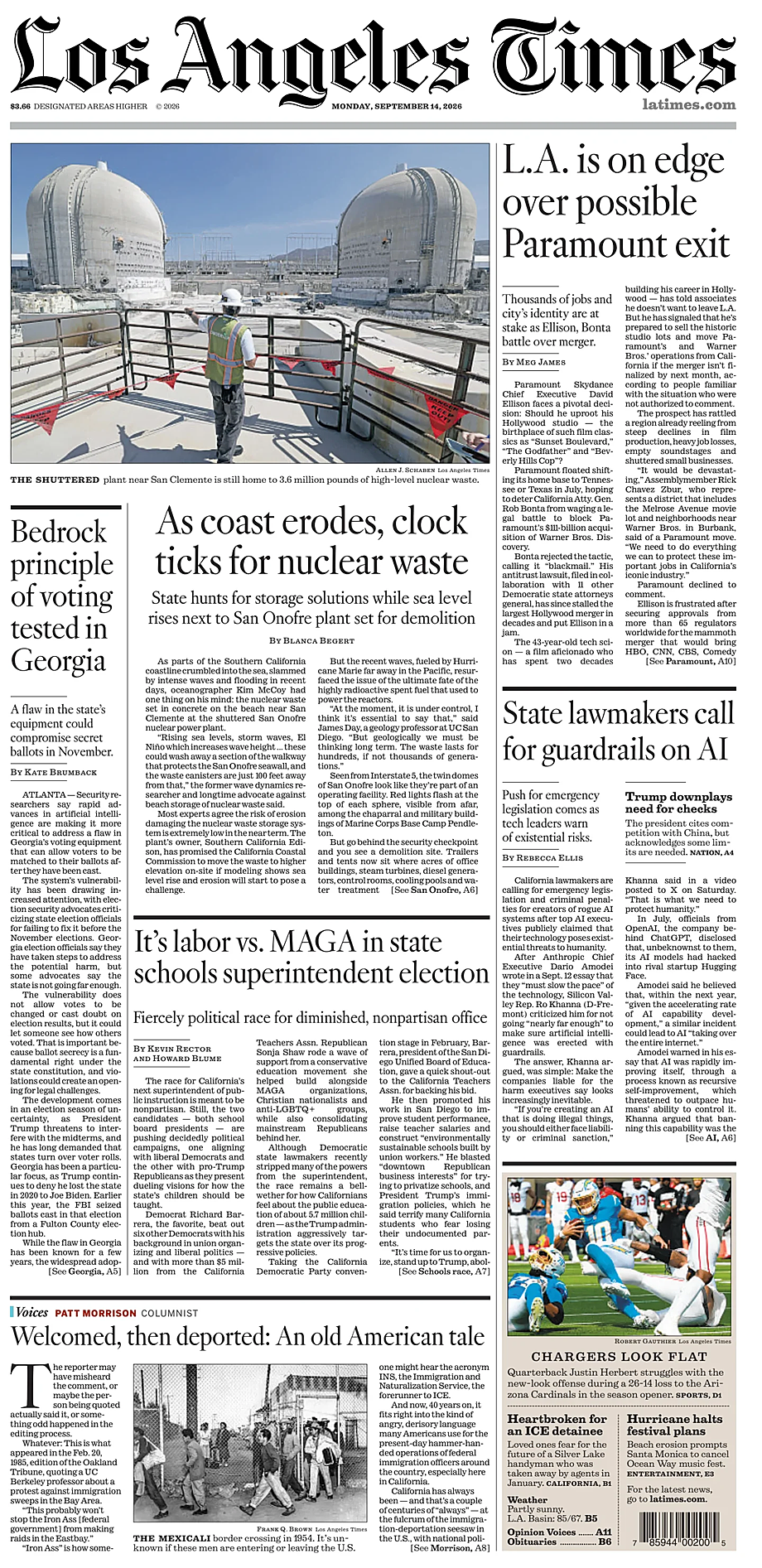 Portada Los Angeles Times de hoy - Quiosco 14 septiembre 2026